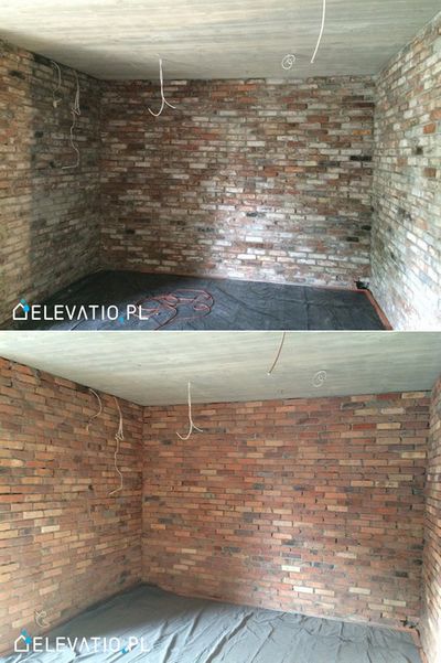 Renowacja cegły wewnątrz w piwnicy przed i po piaskowaniu.